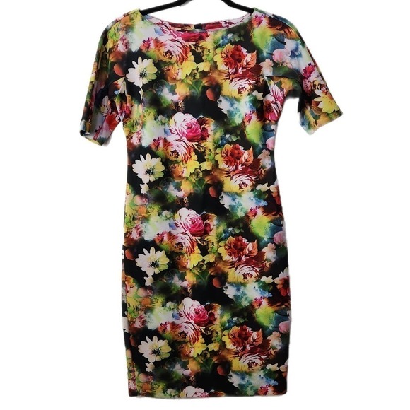 Carmen Marc Valvo Rainbow Multicolor Floral Cocktail Bodycon Bandage Dress S - Picture 1 of 7